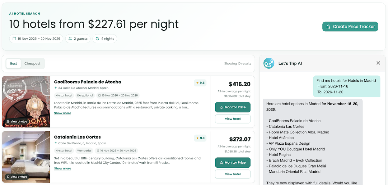 AI hotel search results with a price tracker action
