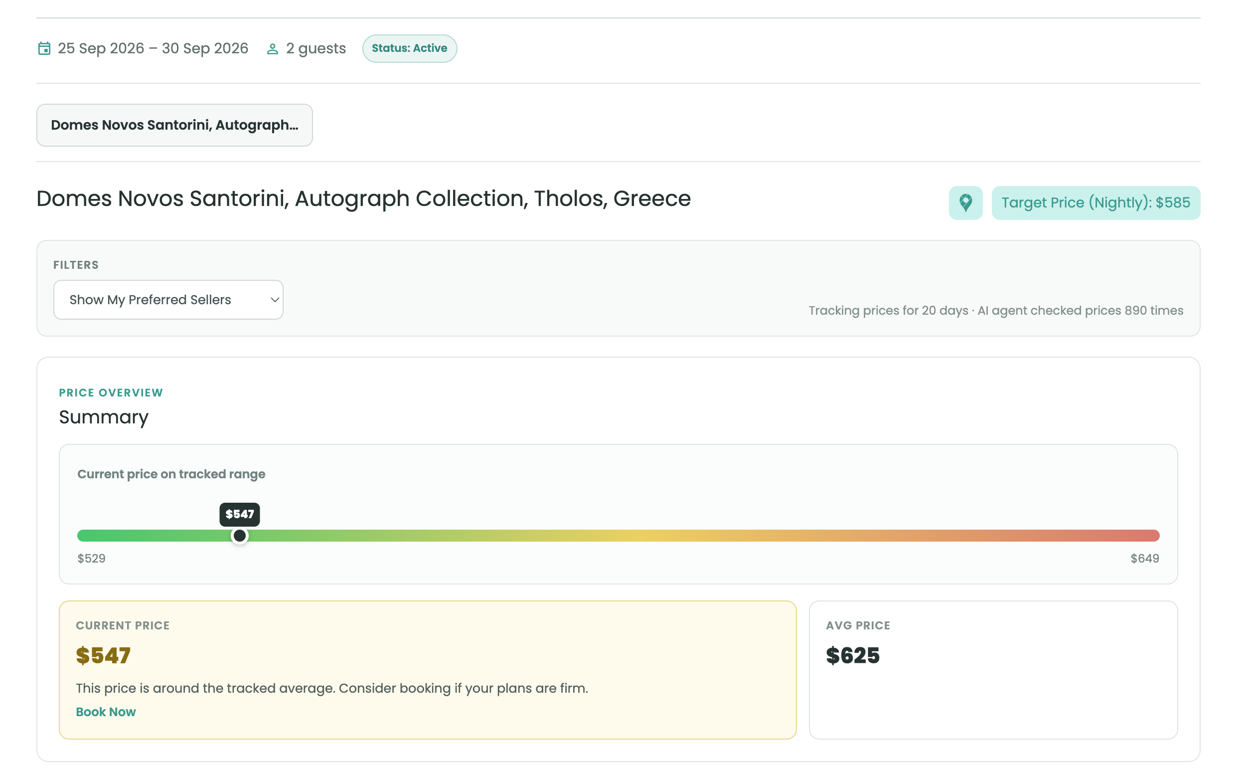 Hotel tracker price summary for a selected hotel
