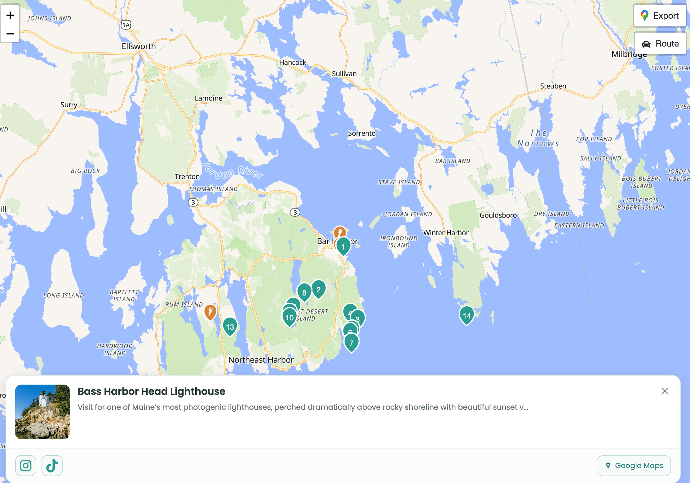 A Let's Trip itinerary displayed as numbered places and restaurants on a map
