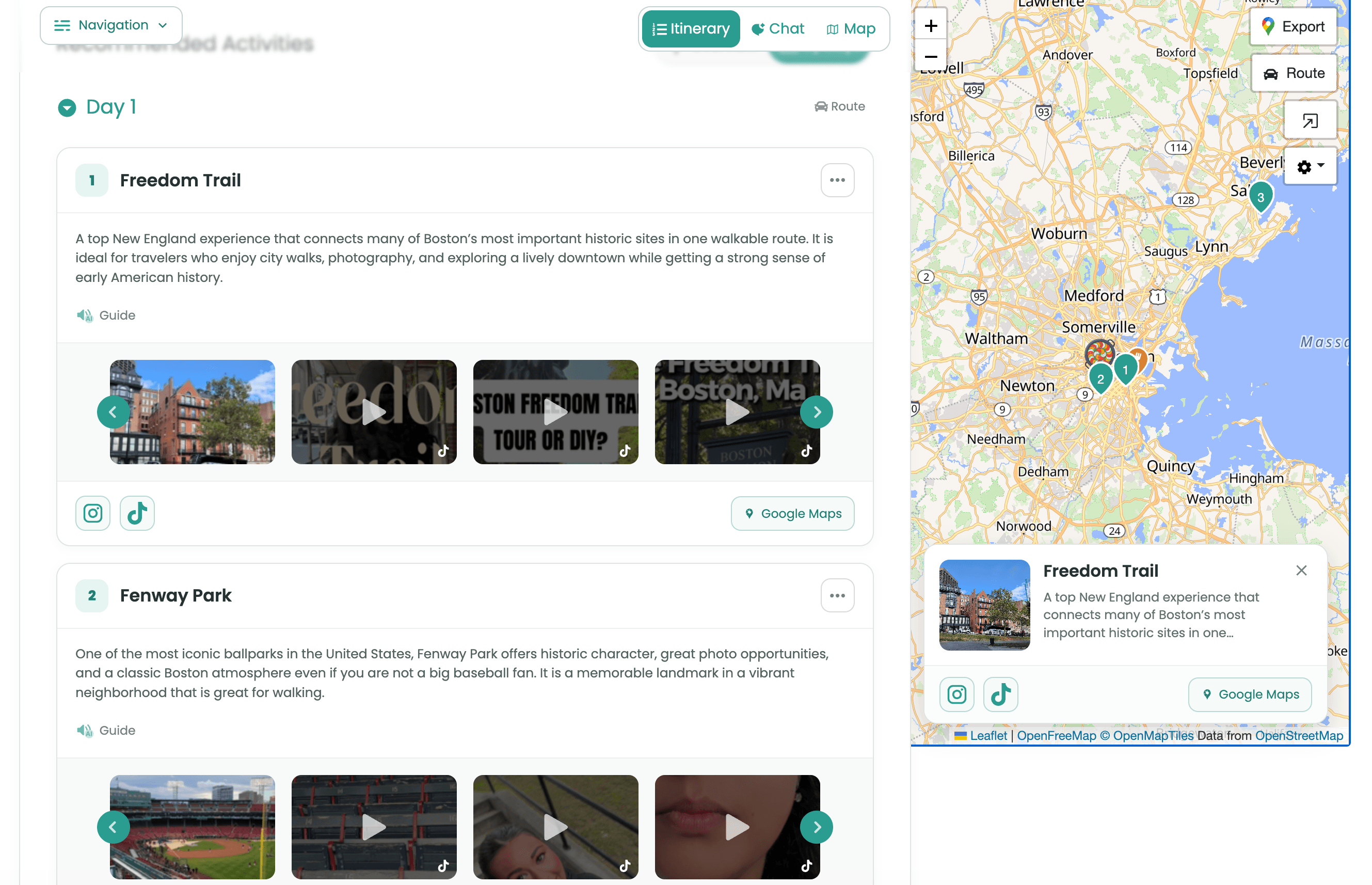 A place inside a Let's Trip itinerary with photos, an audio guide, and editing controls