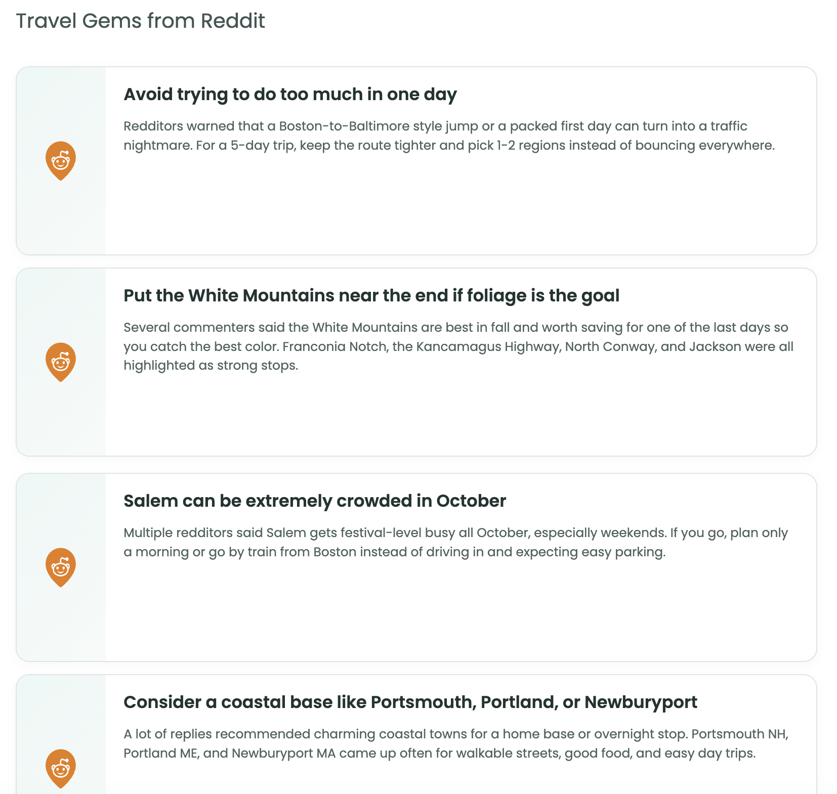 Relevant Reddit travel recommendations included in a Let's Trip itinerary