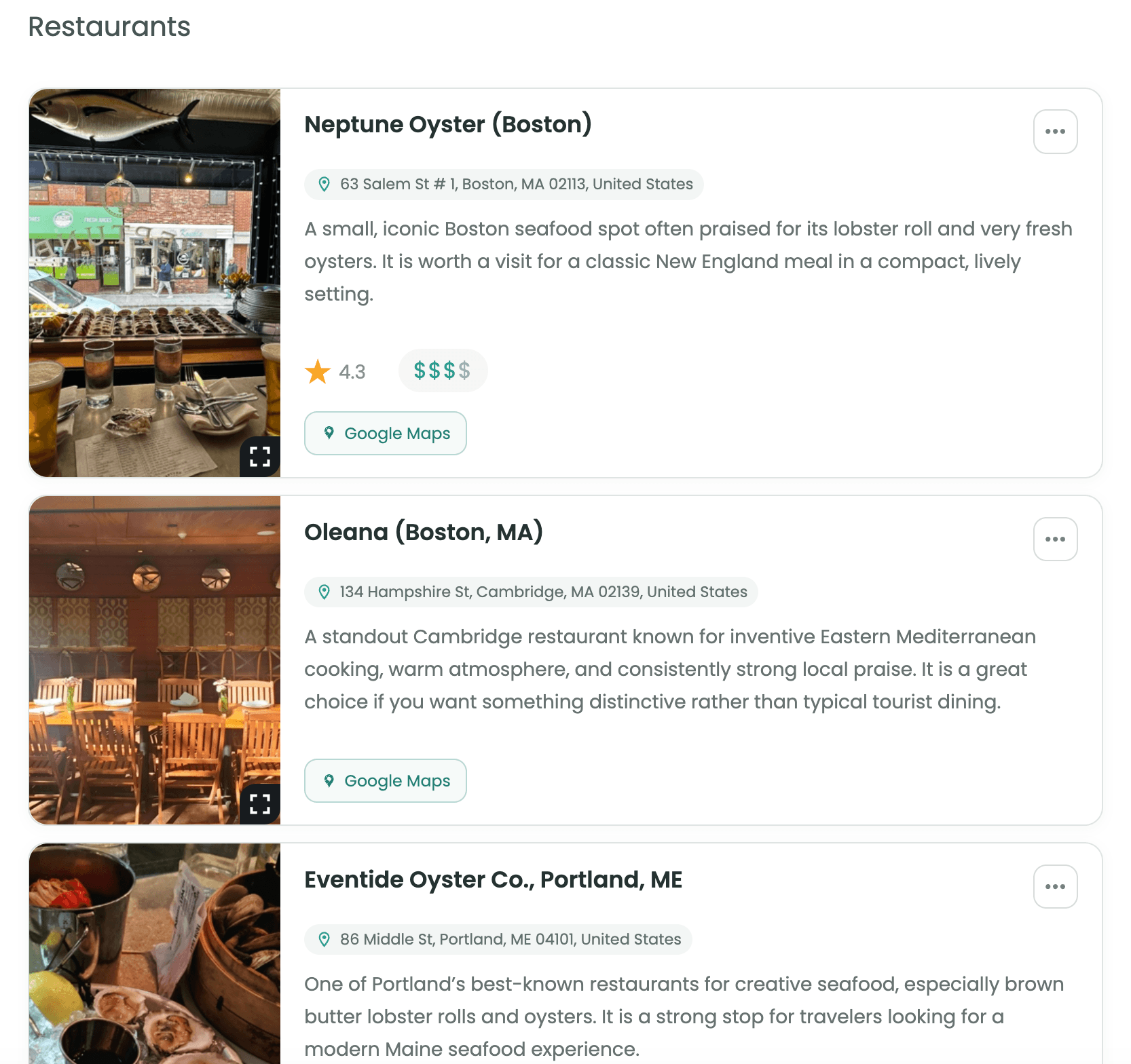 Restaurant recommendations with ratings, price ranges, photos, and map links in a Let's Trip itinerary